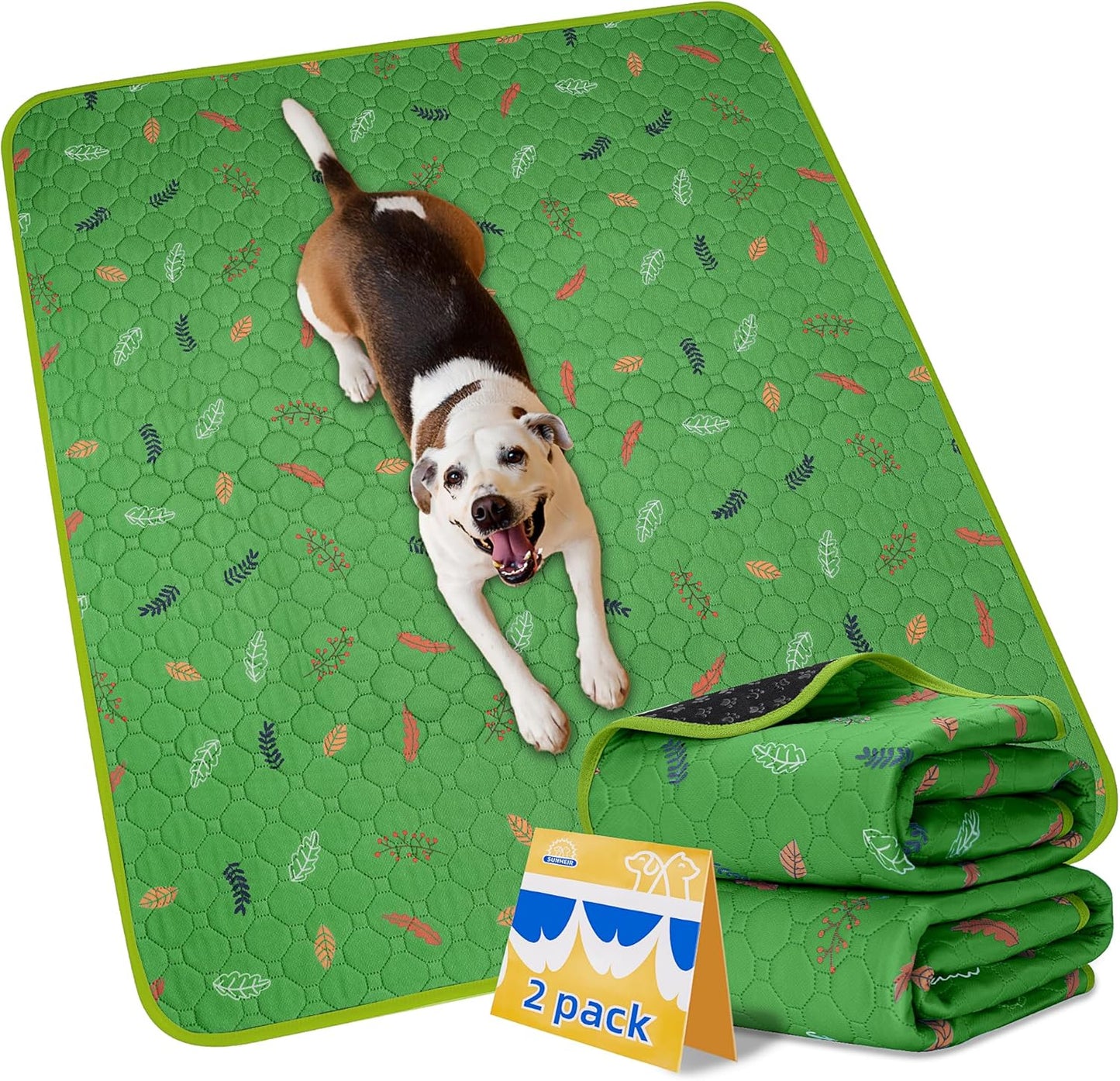 Sunheir Washable Pee Pads for Dogs Large 48" x 48" 2-Pack Reusable Puppy Pads Pet Training Pads, Absorb Dog Mats, Whelping Pad, Non-Slip Protects Against Urine Leakage (Leaves - Green, 48x48)