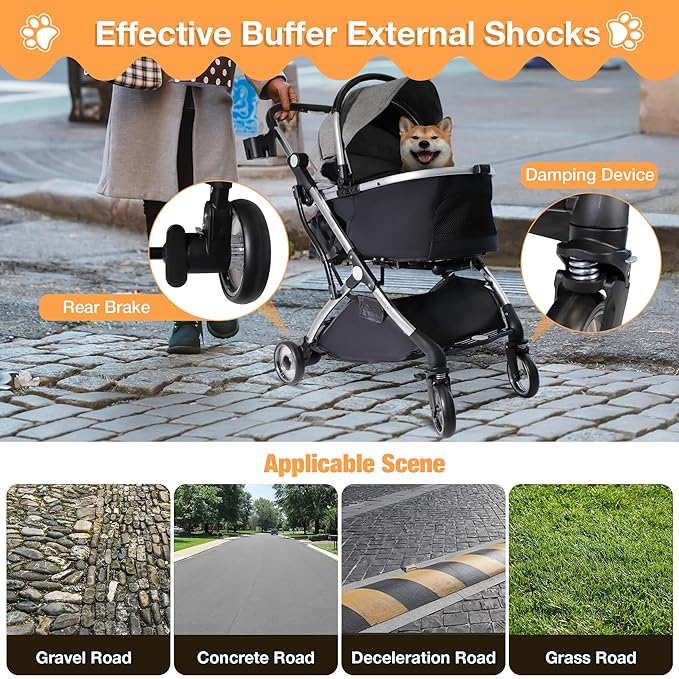 Dog Stroller for Small Medium Dogs, 3 in 1 Folding Pet Stroller Up to 33 lbs, 4 Wheels Pet Strolling Cart with Zipperless Entry, Cat Dog Travel Carrier with Telescopic Handle and Storage Basket
