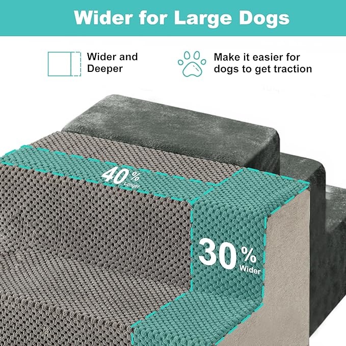 Dog Stairs for Large Dogs - Extra Wide Pet Stairs 2 in 1 with Zippers Suitable for Couch and Bed, Foam Dog Steps with Non Slip Bottom Grey 4 Steps, Grey