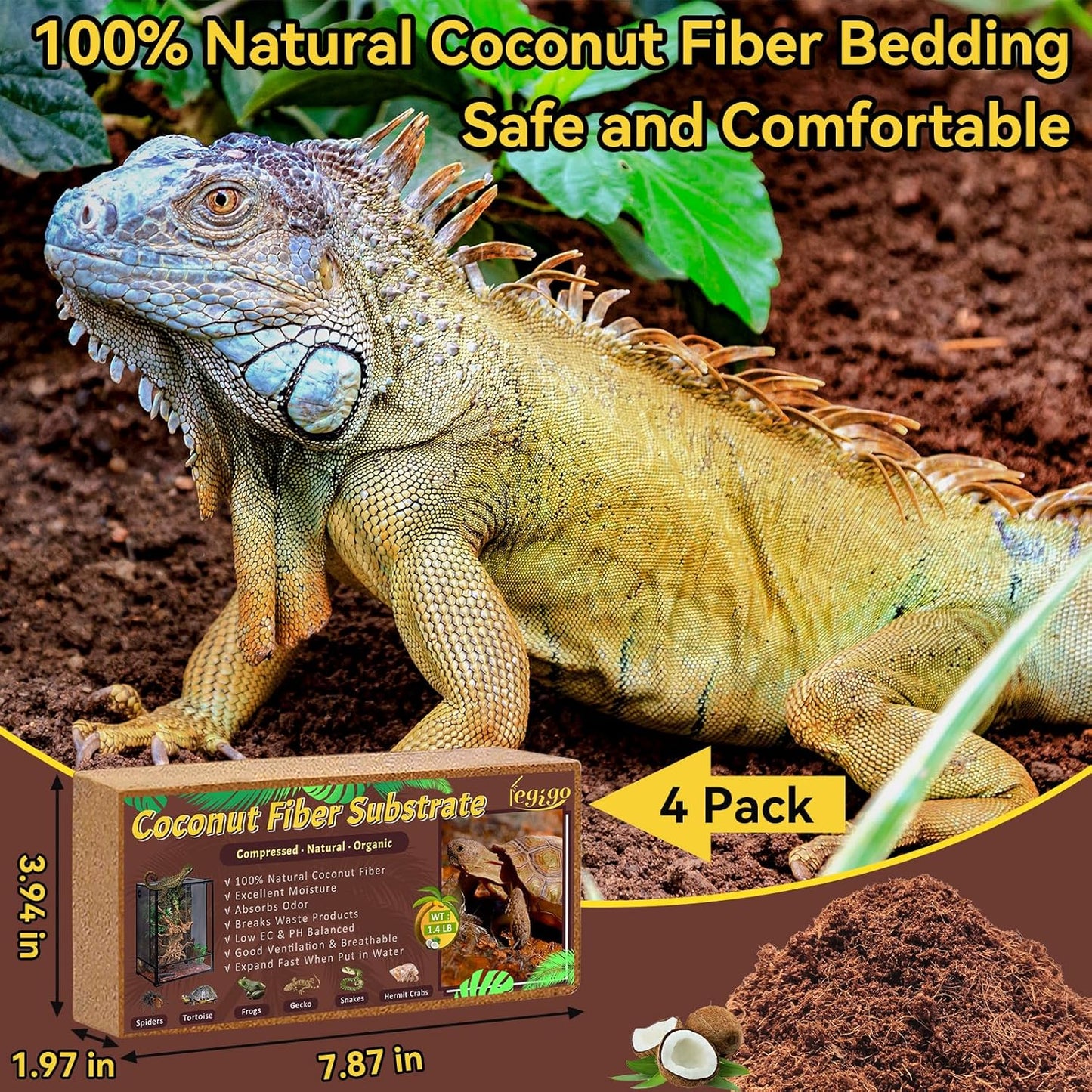 Legigo 4 Pack Compressed Coconut Fiber Substrate - 100% Organic Coconut Fiber Brick Bedding for Reptiles, Natural Coco Husk Substrate Terrarium Bedding for Snake, Hermit Crabs, Frogs, Tortoise, Gecko