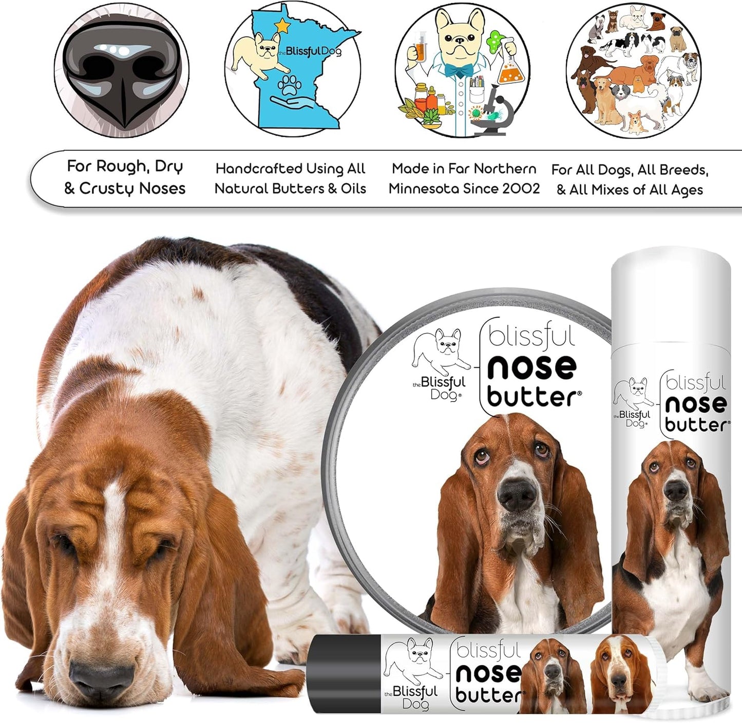 The Blissful Dog Basset Hound Nose Butter for Dry, Cracked Skin, Lick-Safe Dog Nose Balm with Moisturizing Shea Butter, Almond, Olive, and Essential Oils, Pet Supplies, Uncented, 4 oz.