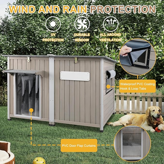 Weatherproof Outdoor Dog House, Wooden Puppy Shelter with Anti-Chewing Iron Frame and Elevated Floor, Sturdy Dog Kennel for Small, Medium & Large Dogs, Grey (Gray, 51" L x 29" W x 32" H)
