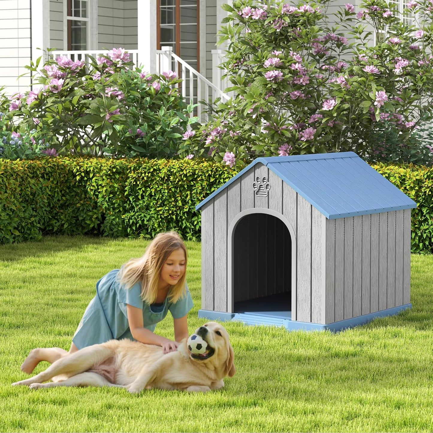 Large Outdoor Plastic Dog House - Indoor Outdoor Use for Medium & Large Dogs, Durable Waterproof Doghouse with Air Vents, Elevated Floor, Easy to Clean & Assemble(Blue2, 36.2''L×38''W×38''H)