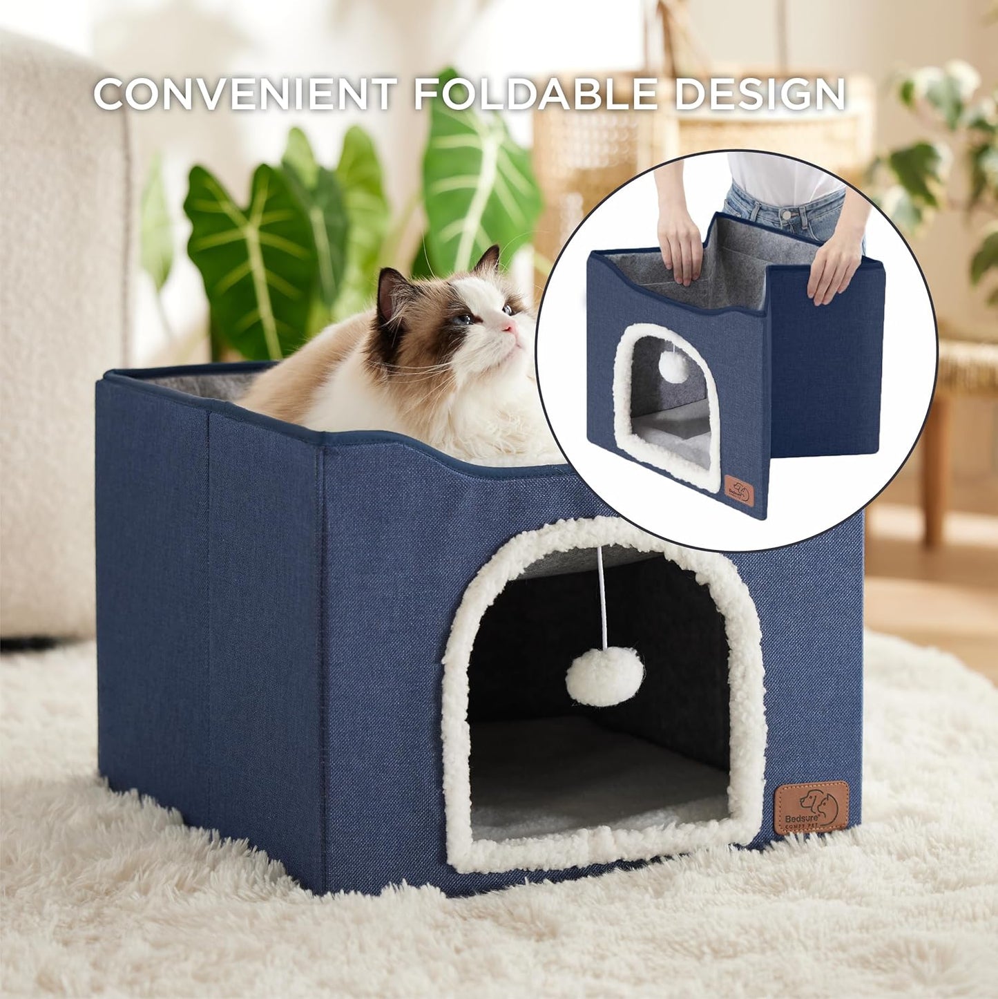 Bedsure Cat Beds for Indoor Cats - Large Cat Cave for Pet Cat House with Fluffy Ball Hanging and Scratch Pad, Foldable Cat Hideaway, 16.5x16.5x13 inches, Blue