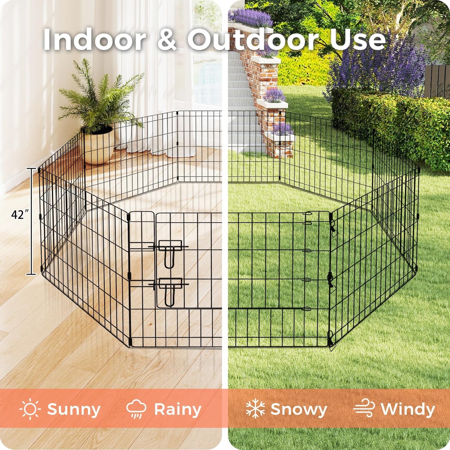 Foldable Dog Playpen 42" Height 8 Panels Metal Exercise Pen with Door - Indoor/Outdoor Dog Play Pen for Medium-Large Dogs, Portable Pet Fence for Yard Garden Camping, Black