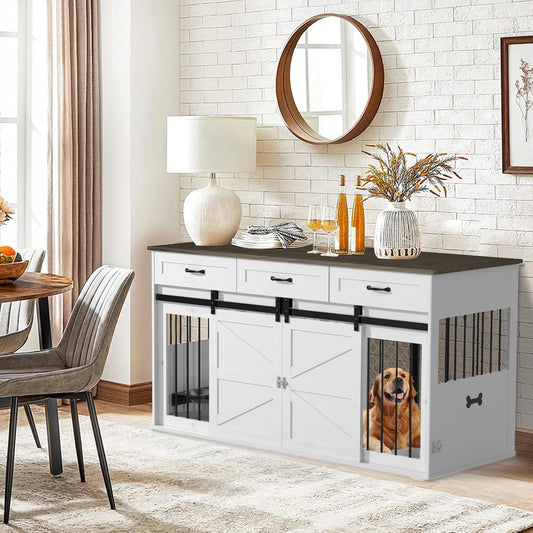 RQZ 65" Double Dog Crate Furniture for 2 Dogs Heavy Duty Wood Dog Cage Table with 3 Storage Drawers and 4 Stainless Steel Bowls Dog Kennel Indoor for Medium Large Dogs