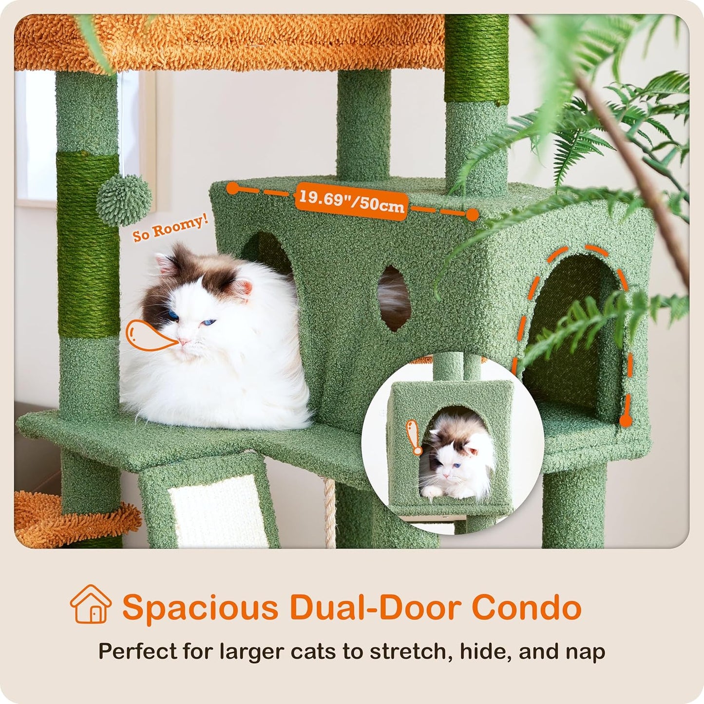 Ouritsu Cat Tree, 61 inch Tall Cat Tower for Large Cat Indoor, Enlarged Condo, 2 Padded Perches with 1 Widened, Large Hammock, Scratching Post and ramp, Fluffy Basket, Green, LF002GB