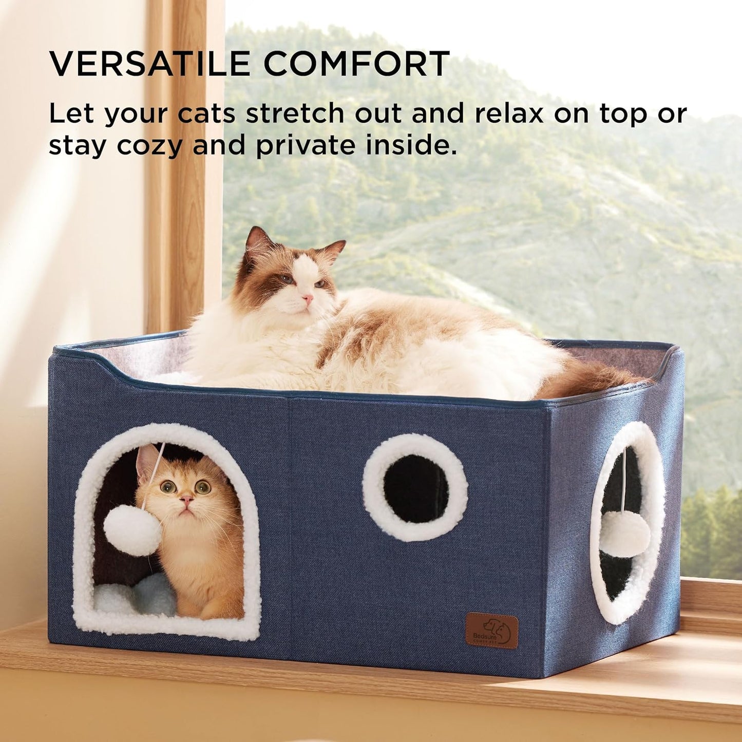 Bedsure Large Cat Beds for Indoor Cats - Extra Wide Cat Cube House for Small Pet with Fluffy Ball Hanging and Scratch Pad, Foldable Pet Cave Hideaway for Multiple Cats, 23.6x16.9x13 inches, Blue