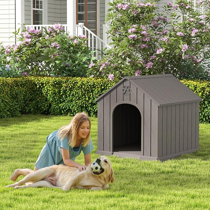 Large Dog House Outdoor Indoor for Medium Large Dogs, Durable Plastic Waterproof Doghouse with Air Vents and Elevated Floor, Easy Clean and Assemble (Grey, 36.2''L×38''W×38''H)