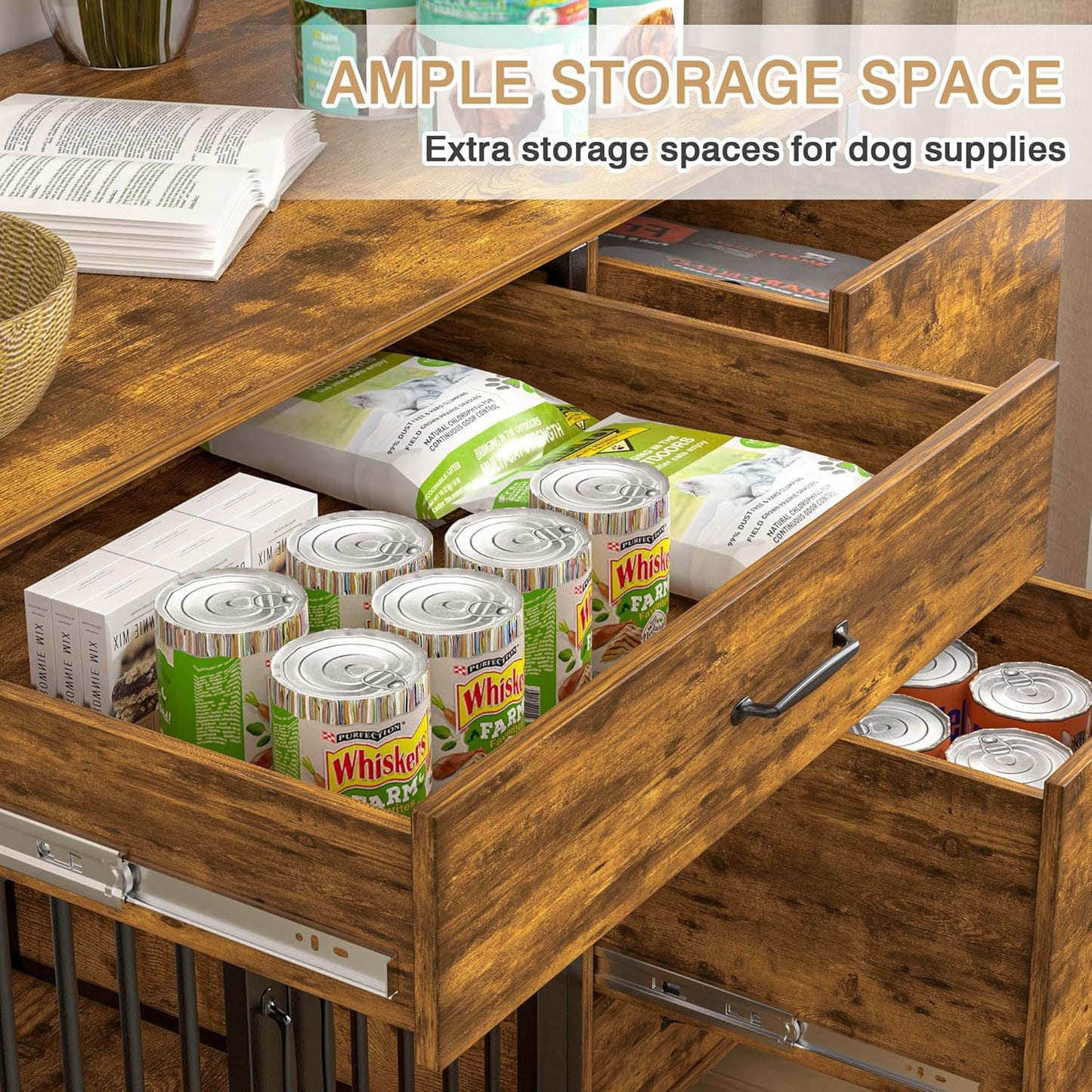 VECELO Dog Crate Furniture, 43 inch Wood Dog Crate End Table with Storage Drawers, Heavy Duty Dog Kennel Furniture Indoor, Rustic Brwon