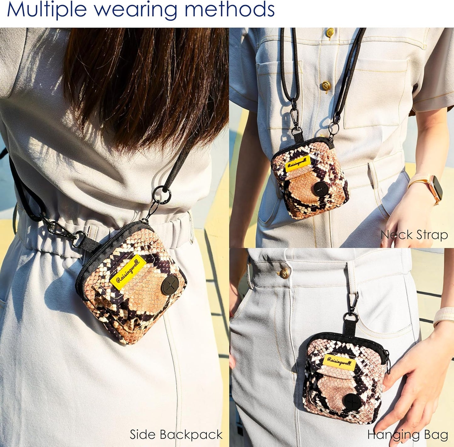 Dog Treat Pouch for Pet Walking and Training with Clicker Poop Bags and Double Bag Design Small Fanny Zipper Pack Holder for Puppy Snack Dispenser Kit for Leash and Outdoor Use Snake Skin