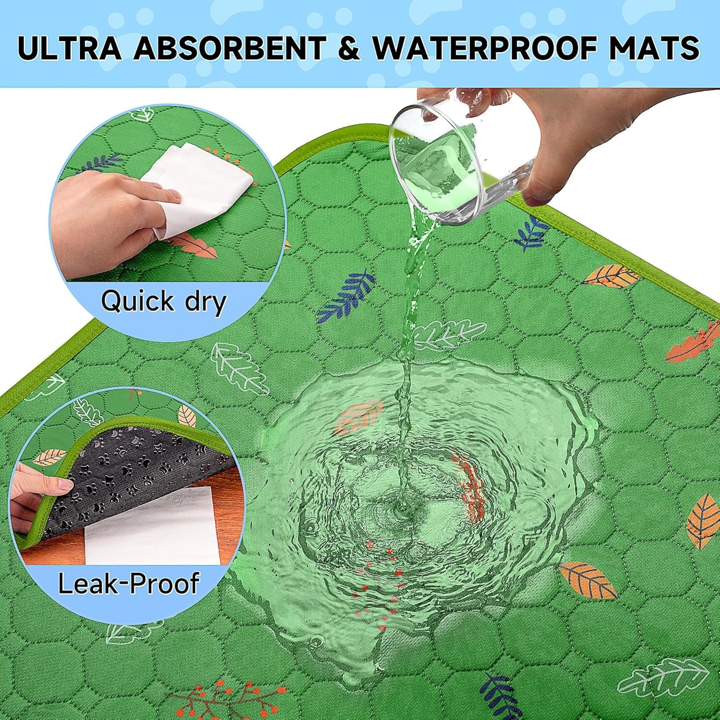 Sunheir 2-Pack Extra Large Reusable Dog Mat for Floor, Dog Playpen, Non-Slip Waterproof Super Absorbent Washable Pee Pads for Dogs, Pet Whelping Pads, Potty Training - Green, 36" x 48"